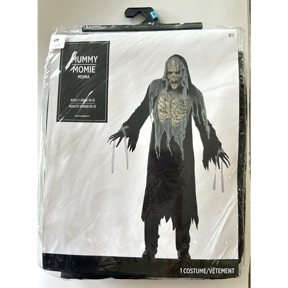 Mummy Zombie Halloween Costume Adult Large 10-12 Hooded Robe, Mask, Gloves